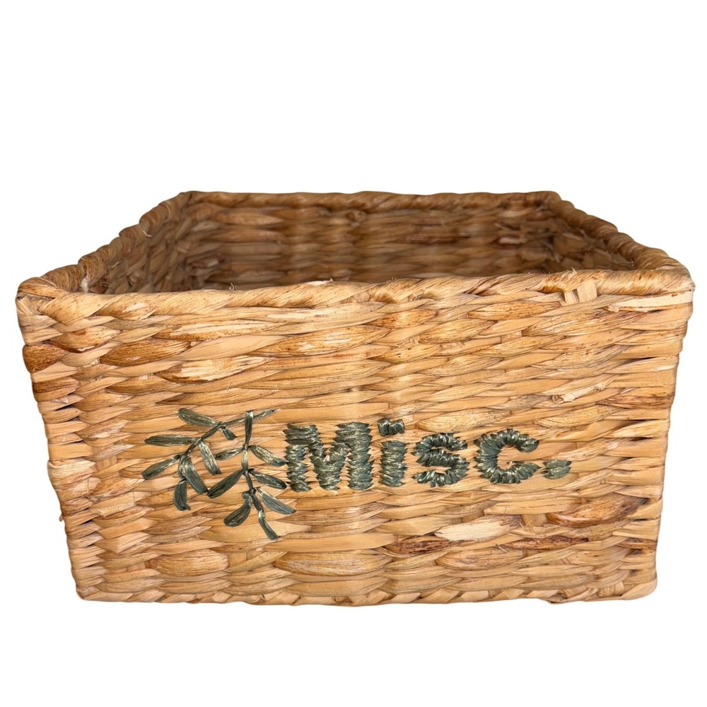 Natural Woven Storage Basket | Embroidered Misc Label | Rustic‎ Home Decor